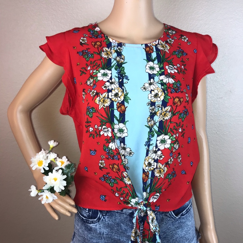 Twine & String Floral Tie Front Flutter Sleeve Top - image 2